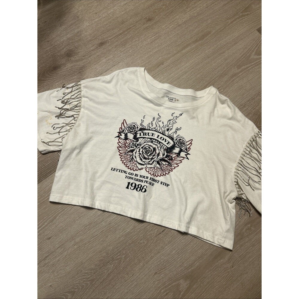 Orange Kiss Women's Cropped Rhinestone Fringe Graphic Rose Flames Tee Sz XL